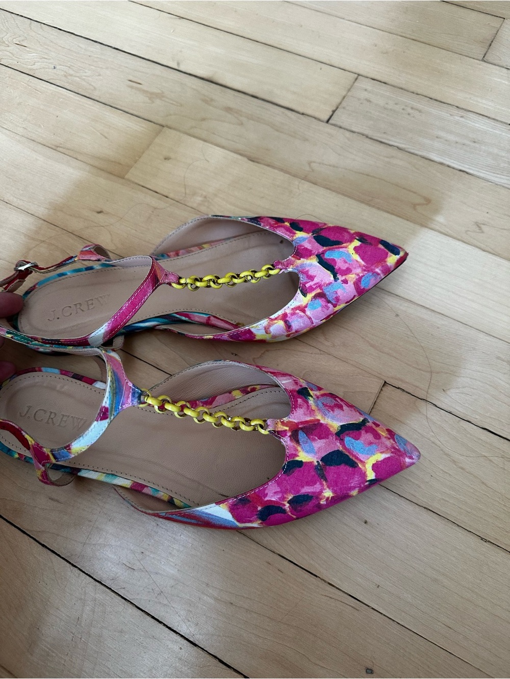 J. Crew Pink Multicolor Pointed Toe T-Strap Flats with Gold Chain